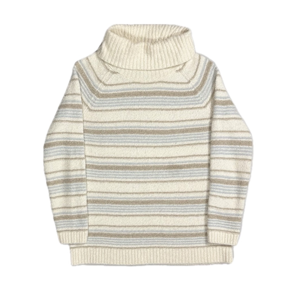 LL Bean Acrylic Wool Blend cream brown striped cowl turtleneck sweater women XL